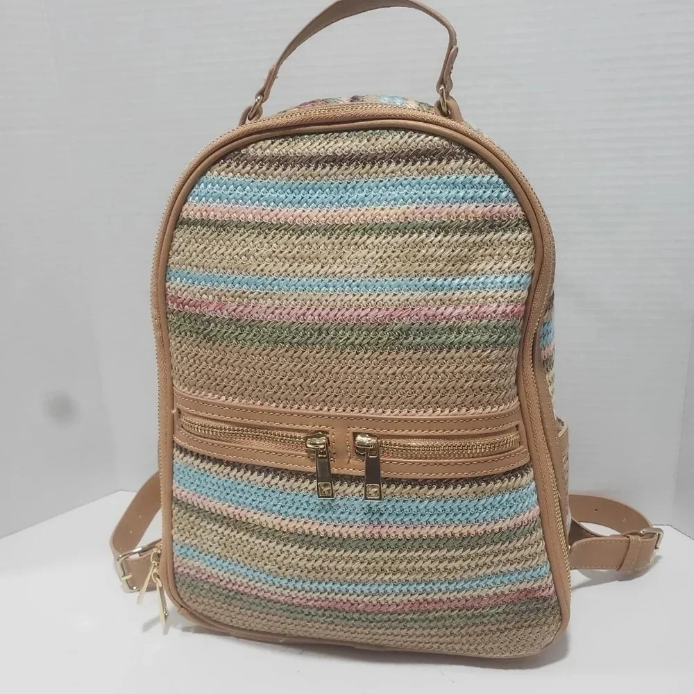Tommy Bahama Straw Mini Backpack in Tan with Pastel Blue, Pink & Green Stripes